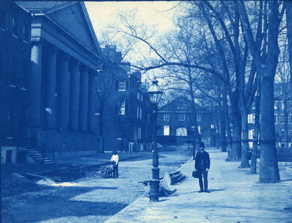 Cyanotype depicting the Orange Street Meeting House and surrounding buildings.